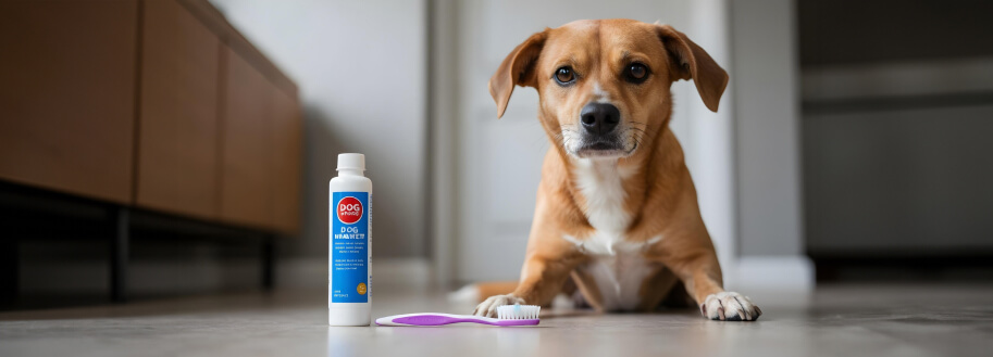 собака смотрит на зубную пасту и щетку